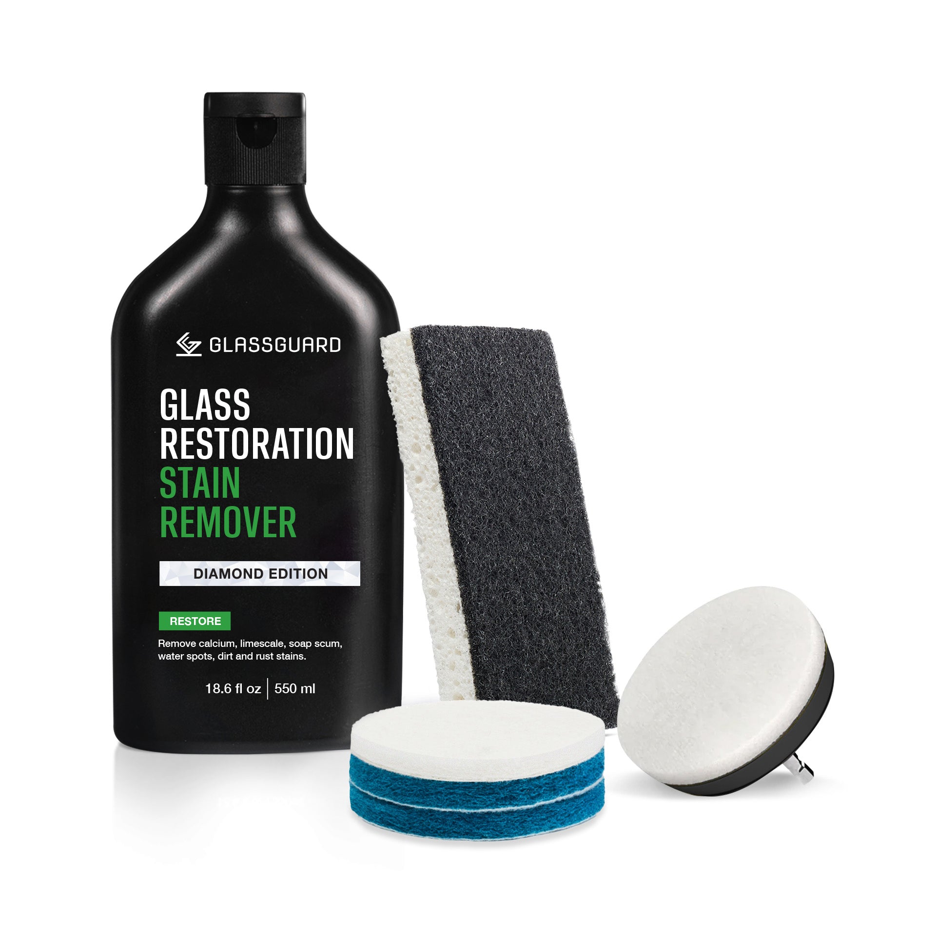 GLASSGUARD® Glass Stain Remover + Drill Scrubbing Pads Bundle